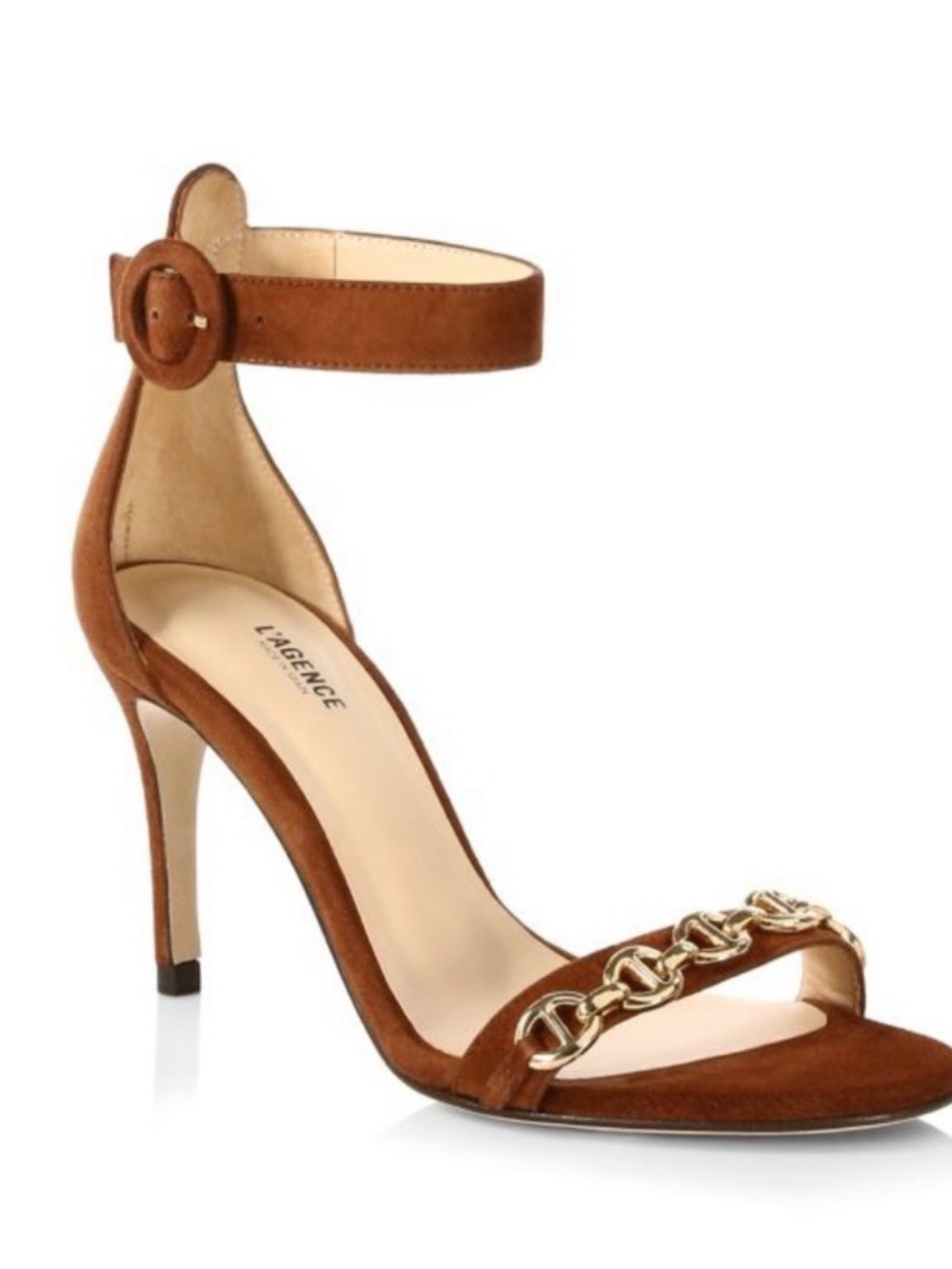 L'AGENCE Tan Suede 3-1/2” Open Toe Sandals w/ Gold Chain Detail EU Size 39